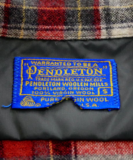 70s 『Pendleton』 Red base check Open collar Wool shirt /size S