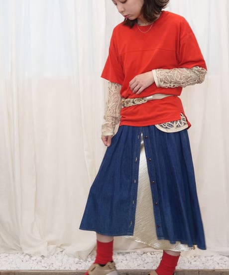 90s Button-Front Denim Pleated Skirt