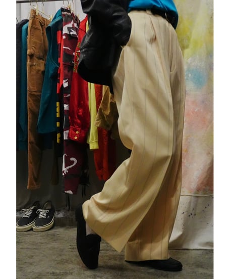 Yellow × Light blue Striped Two-pleat Wide slacks