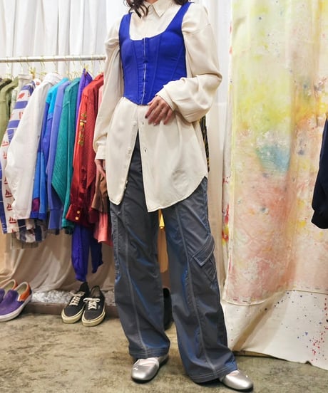 Metallic Blue Flare Cargo Pants