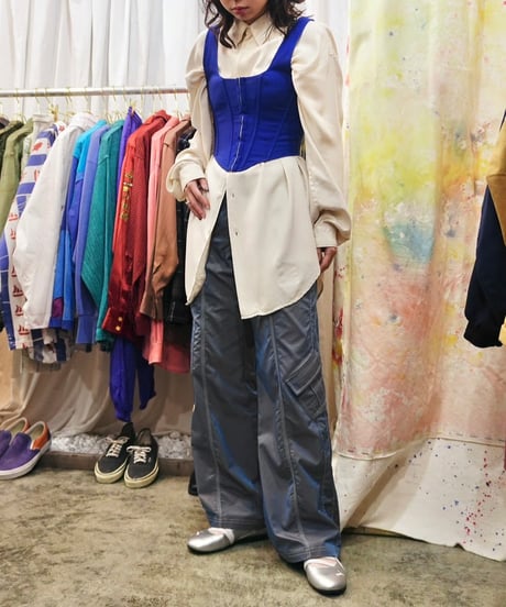 Metallic Blue Flare Cargo Pants