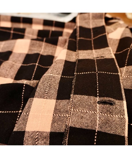 50s Black × Pink check Open collar Wool shirt / size M程度