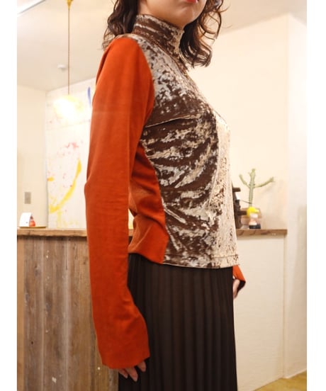 Mixed Fabric Stand Collar Top