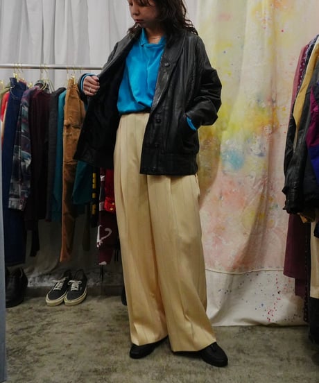 Yellow × Light blue Striped Two-pleat Wide slacks