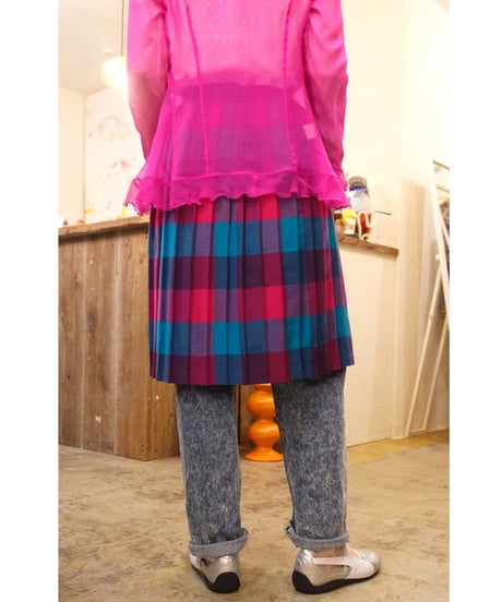 80s Pink × Blue Checked Wool Skirt