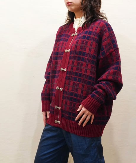 70s-80s Cherry Red Checkered Nordic Cardigan