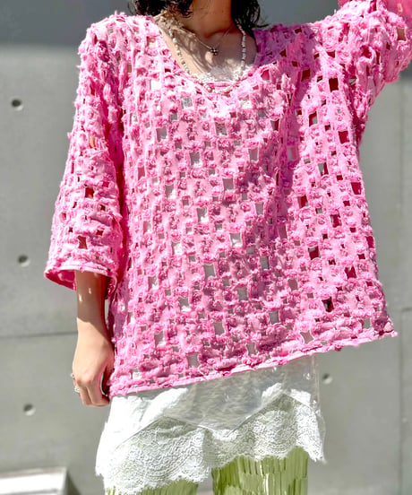 Pink Denim Damage Tops