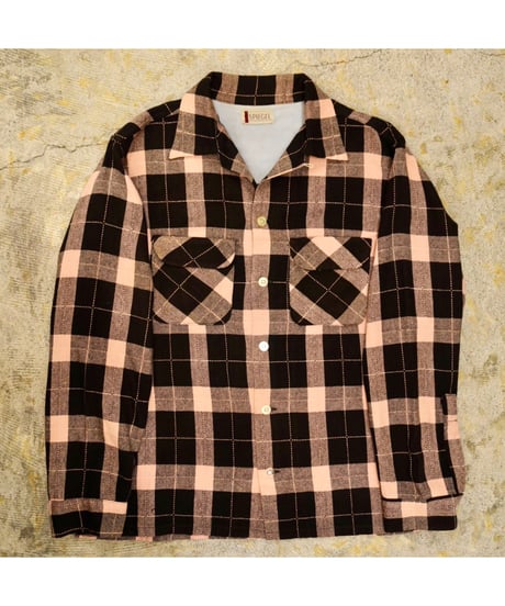 50s Black × Pink check Open collar Wool shirt / size M程度