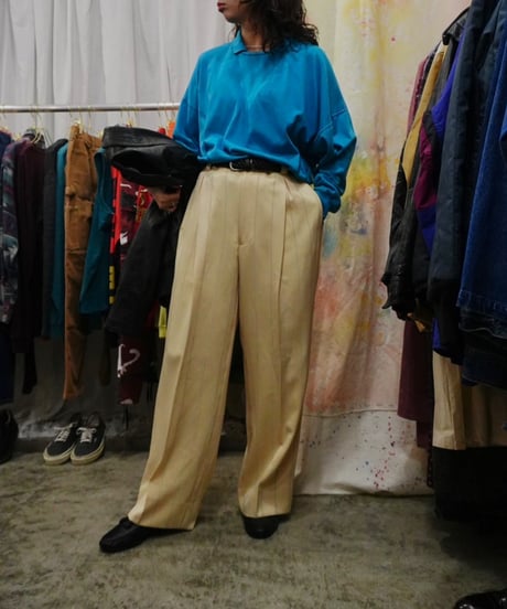 Yellow × Light blue Striped Two-pleat Wide slacks