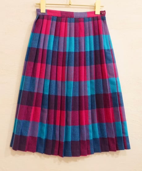 80s Pink × Blue Checked Wool Skirt