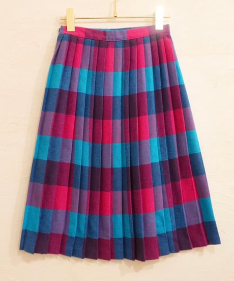 80s Pink × Blue Checked Wool Skirt