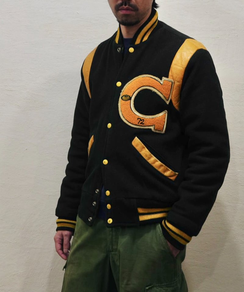 70's 黒×黄色 ウール×レザー スタジャン / size 36程度 | end of mAnTh