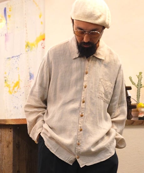 90s 『FLAX』 Light beige Linen shirt
