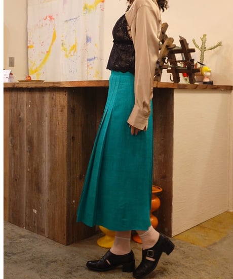 80s Turquoise Pleated Long Skirt