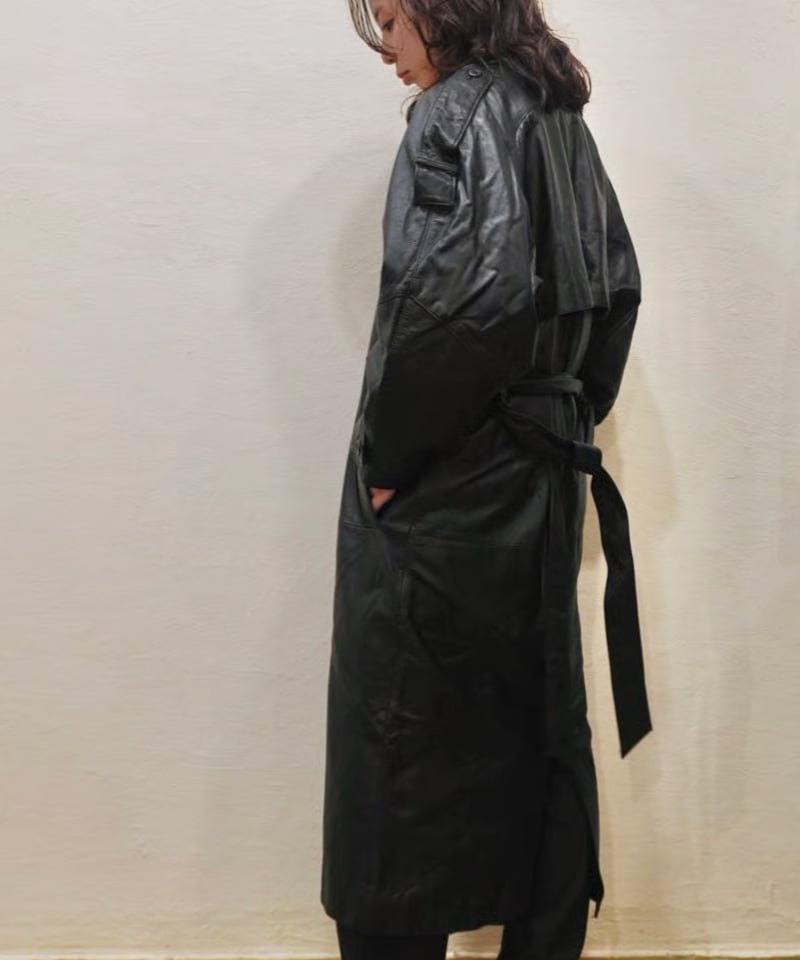 80s-90s Black All leather Trench coat | end of