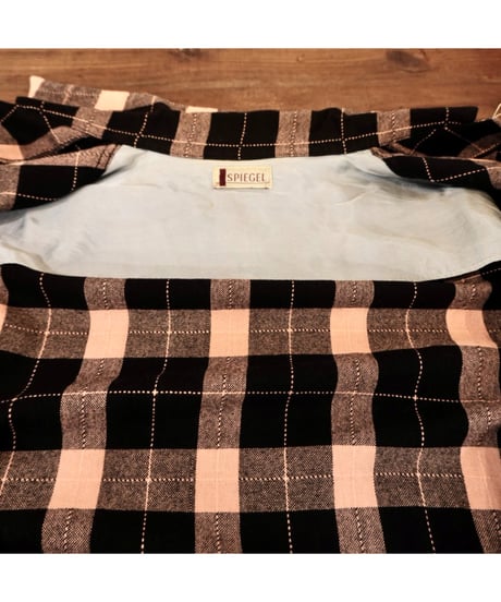 50s Black × Pink check Open collar Wool shirt / size M程度