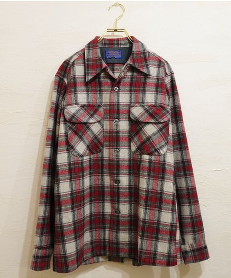 70s 『Pendleton』 Red base check Open collar Wool shirt /size S