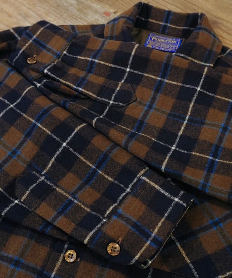 70’s 『Pendleton』 茶色チェック 開襟 ウールシャツ / size S