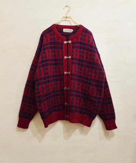 70s-80s Cherry Red Checkered Nordic Cardigan