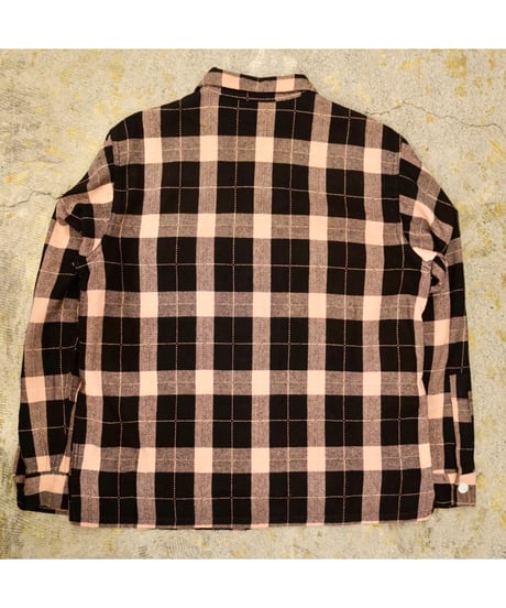 50s Black × Pink check Open collar Wool shirt / size M程度