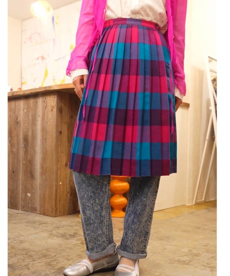 80s Pink × Blue Checked Wool Skirt