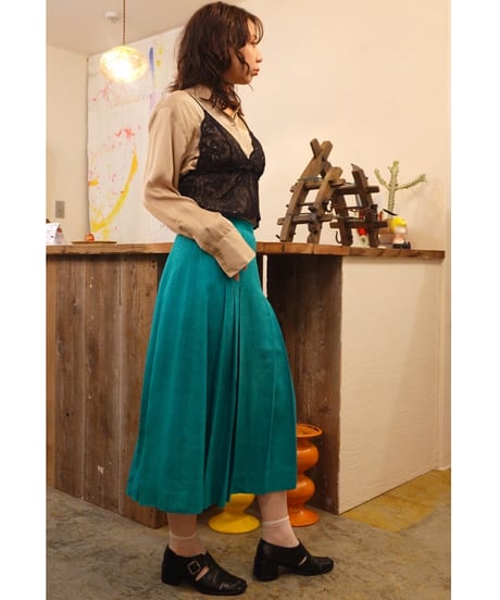 80s Turquoise Pleated Long Skirt
