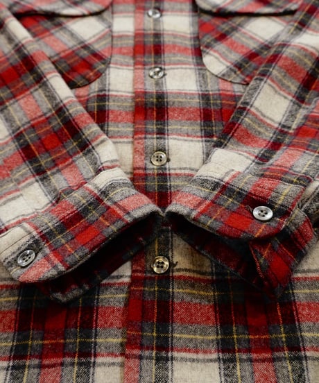 70s 『Pendleton』 Red base check Open collar Wool shirt /size S