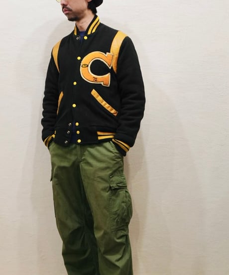 70's 黒×黄色 ウール×レザー スタジャン / size 36程度