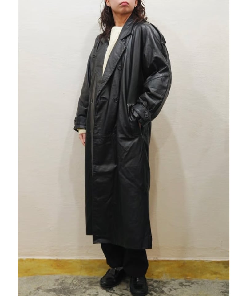80s-90s Black All leather Trench coat | end of