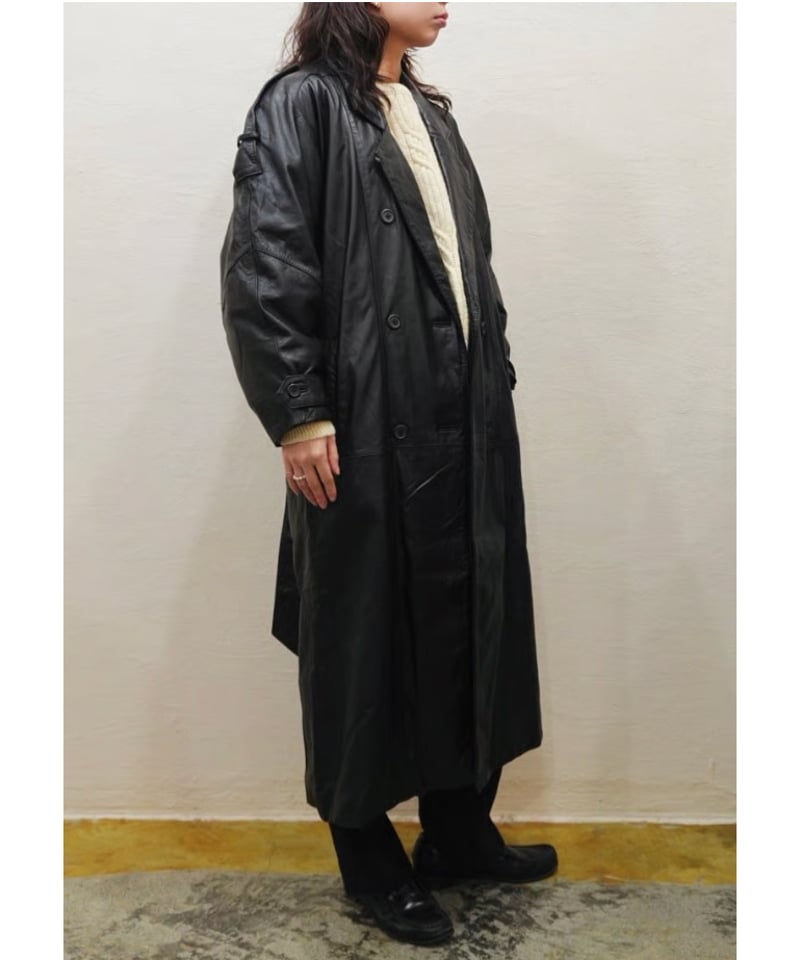80s-90s Black All leather Trench coat | end of