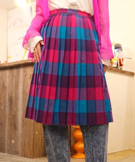 80s Pink × Blue Checked Wool Skirt