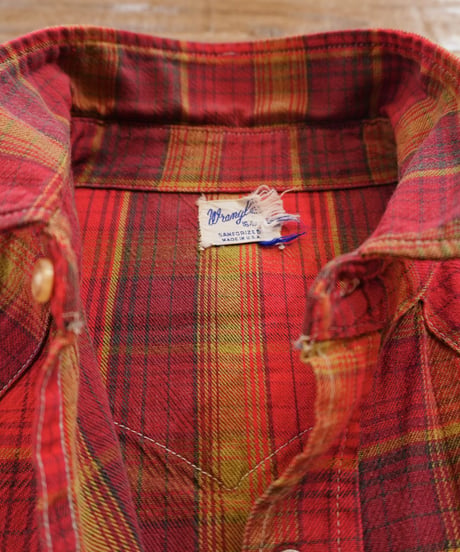 60s 『Wrangler』 Red-based check western shirt / size 16½
