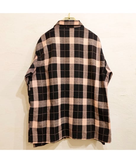 50s Black × Pink check Open collar Wool shirt / size M程度