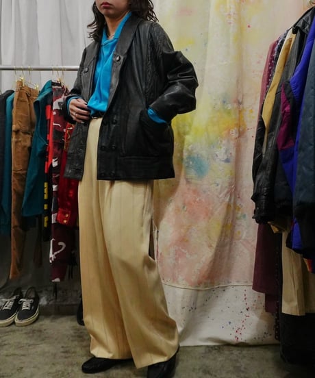 Yellow × Light blue Striped Two-pleat Wide slacks