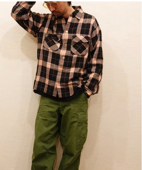 50s Black × Pink check Open collar Wool shirt / size M程度