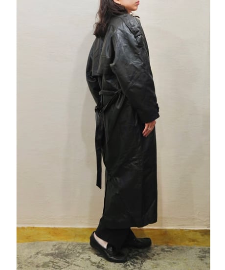 80s-90s Black All Leather Trench coat