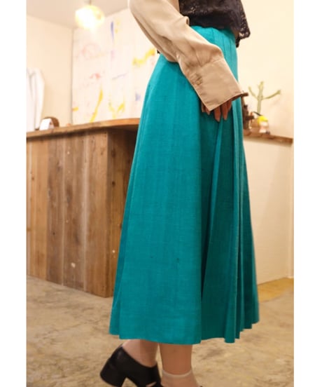 80s Turquoise Pleated Long Skirt