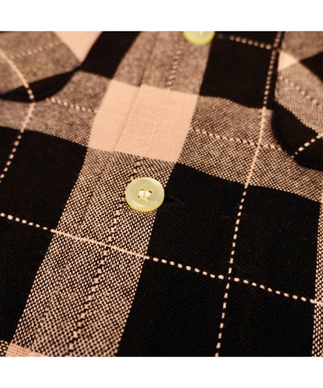 50s Black × Pink check Open collar Wool shirt / size M程度