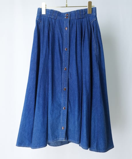 90s Button-Front Denim Pleated Skirt
