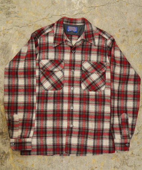 70s 『Pendleton』 Red base check Open collar Wool shirt /size S