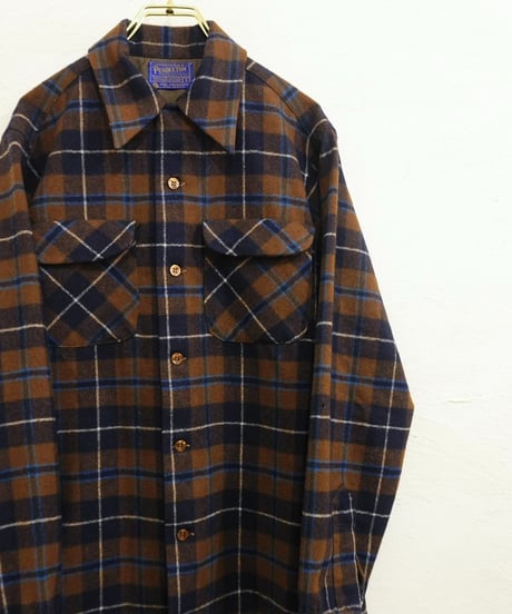 70’s 『Pendleton』 茶色チェック 開襟 ウールシャツ / size S