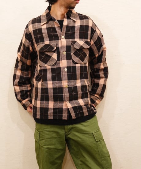 50s Black × Pink check Open collar Wool shirt / size M程度