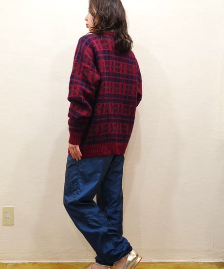 70s-80s Cherry Red Checkered Nordic Cardigan