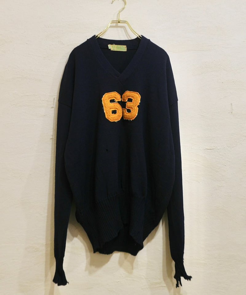 50-60s Vネック レタードセーター 紺×黄色 長リブ / size XL程度 | end