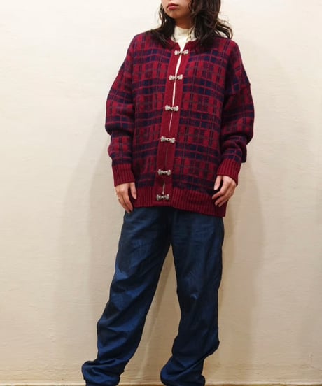 70s-80s Cherry Red Checkered Nordic Cardigan
