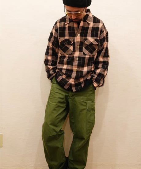 50s Black × Pink check Open collar Wool shirt / size M程度