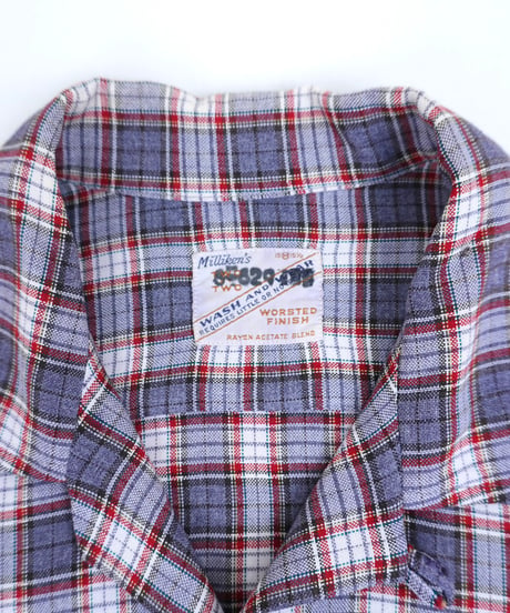 60s 『Milliken's』 Open-collar rayon check shirt / size M