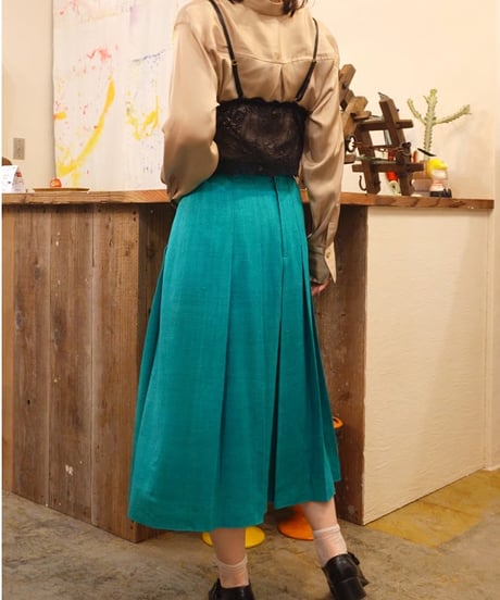 80s Turquoise Pleated Long Skirt