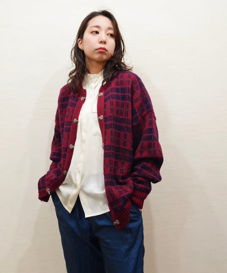 70s-80s Cherry Red Checkered Nordic Cardigan