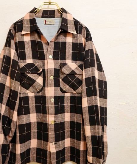 50s Black × Pink check Open collar Wool shirt / size M程度